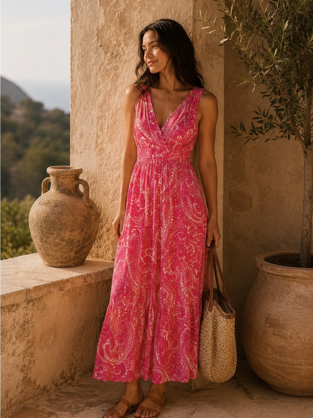TALBOTS | 100% Cotton Sleeveless Paisley Maxi Dress | Pink Resort Vacation Style